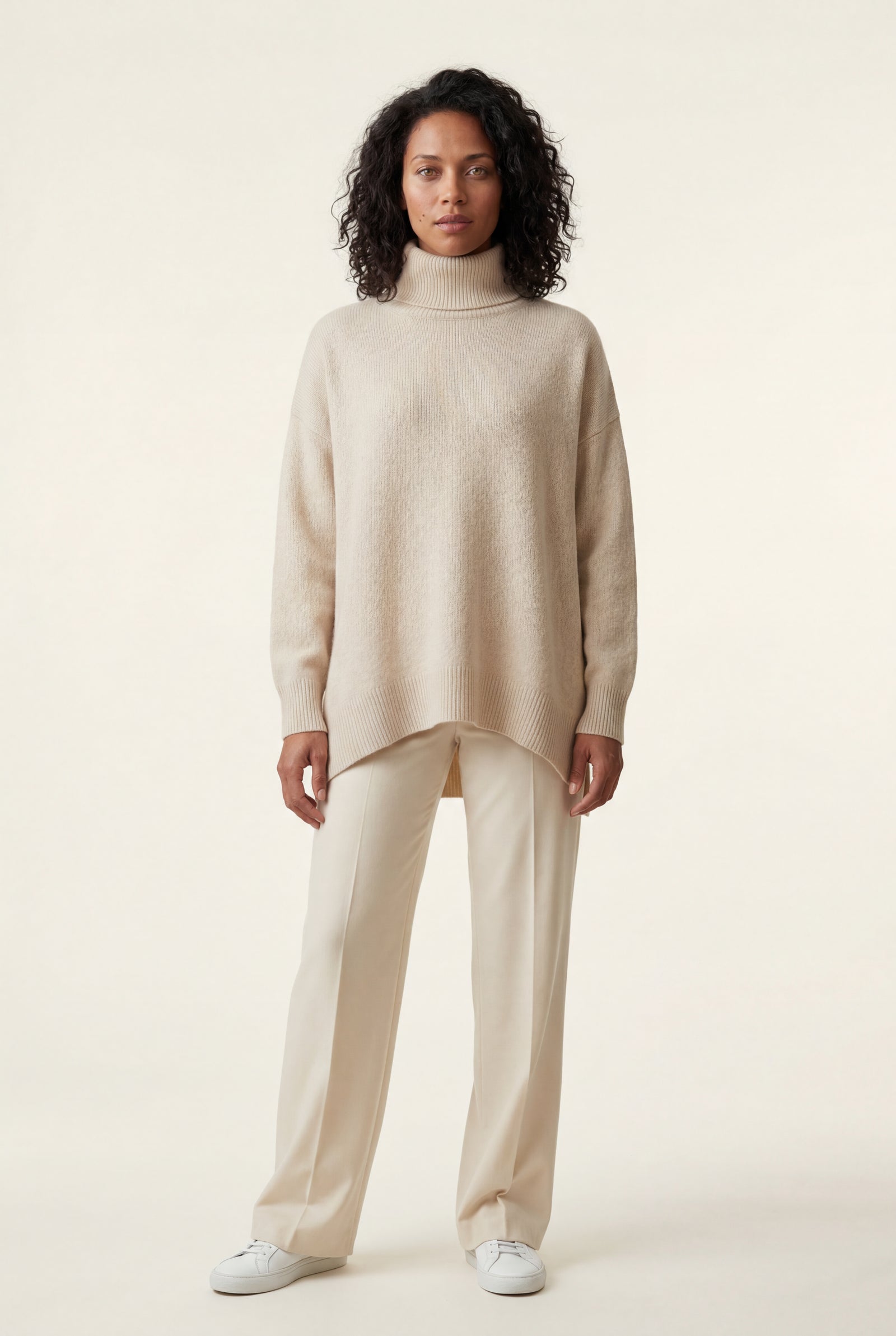 Beige Oversized Ribbed Turtleneck Sweater with High-low Hem - Photo 1