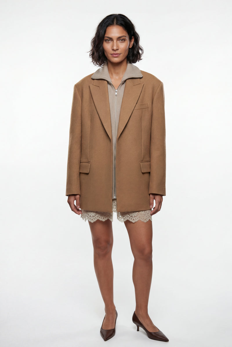 Beige Oversized Single-breasted Blazer with Classic Lapel - Blazers - Photo 3