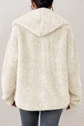 Plush Hooded Teddy Coat in Beige — studio angle