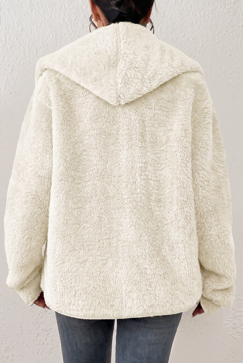 Plush Hooded Teddy Coat in Beige — studio angle