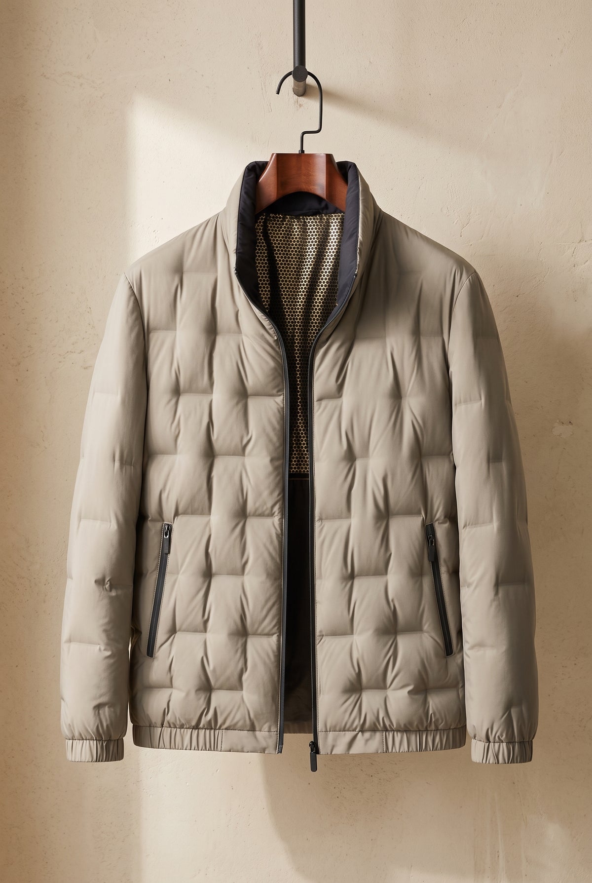 Quilted Hip-Length Puffer Jacket in Beige — studio front