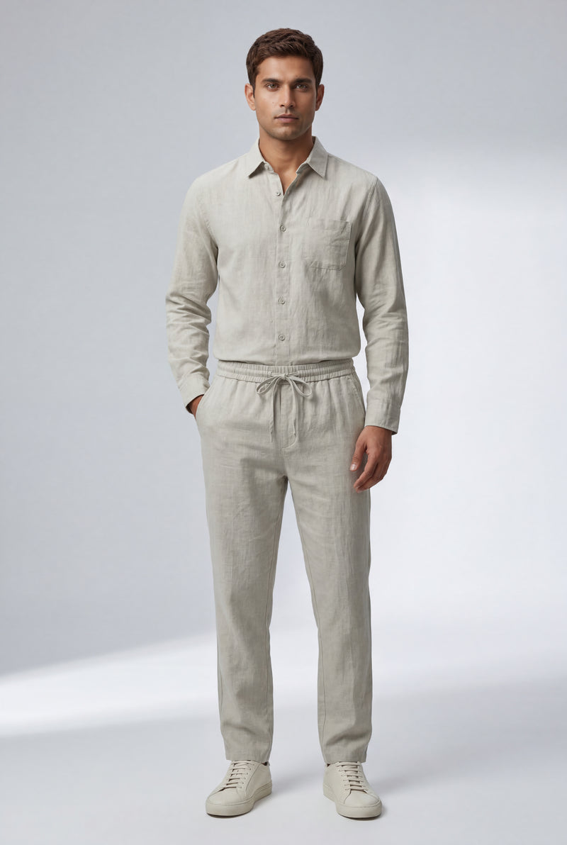 Beige Relaxed Button-down Shirt and Drawstring Trouser Set - Shirt set - Photo 1