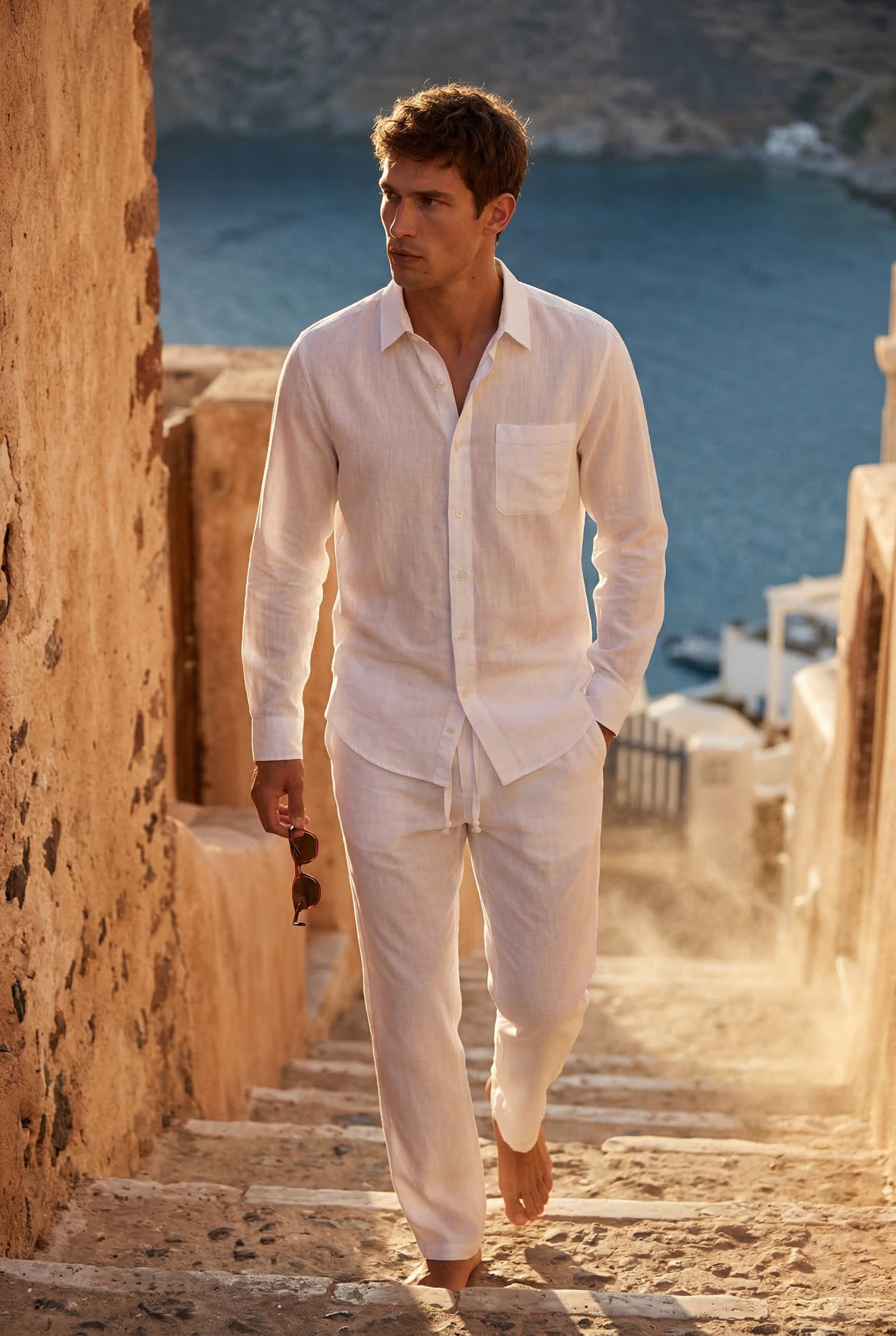 White Relaxed Button-down Shirt and Drawstring Trouser Set - Shirt set - Photo 10