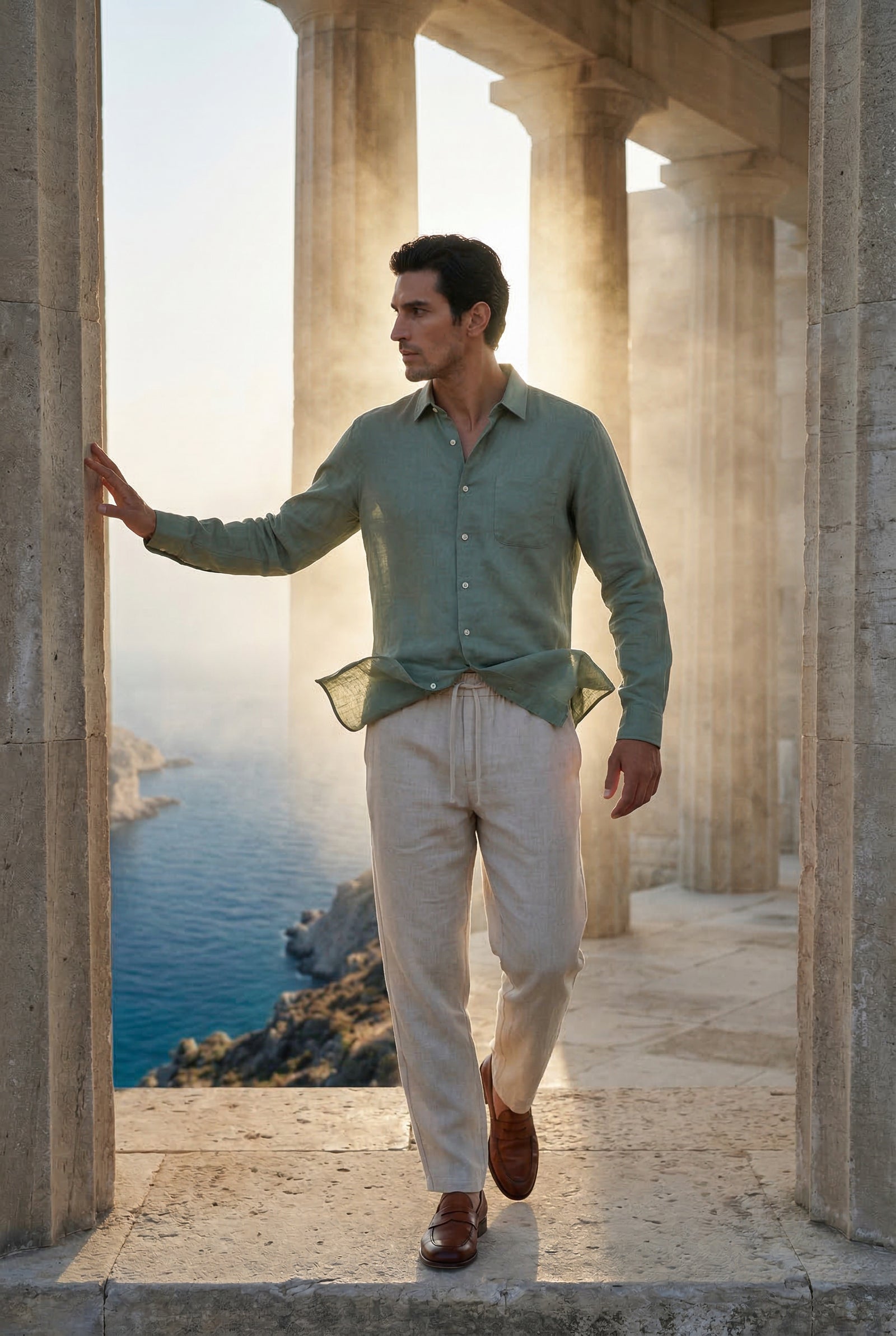 Green Relaxed Button-down Shirt and Drawstring Trouser Set - Shirt set - Photo 9