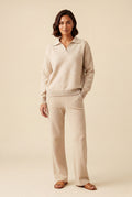 Beige Relaxed Collared Pullover Wide-leg Lounge Set - Leisure set - Photo 1