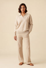 Beige Relaxed Collared Pullover Wide-leg Lounge Set - Leisure set - Photo 1