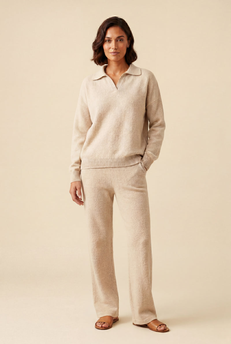 Beige Relaxed Collared Pullover Wide-leg Lounge Set - Leisure set - Photo 1
