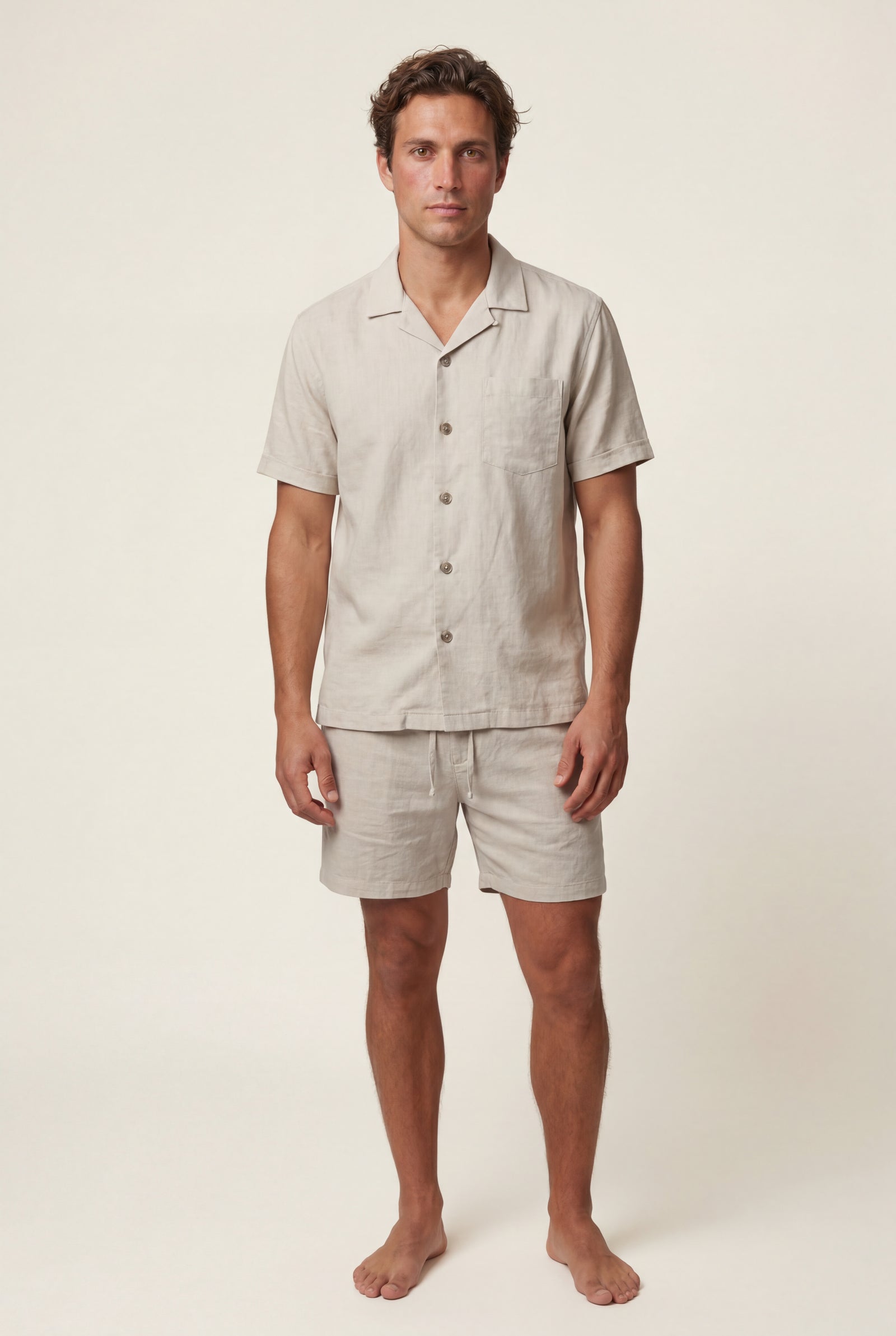 Beige Relaxed Short Sleeve Shirt and Drawstring Shorts Set - Summer set - Photo 2
