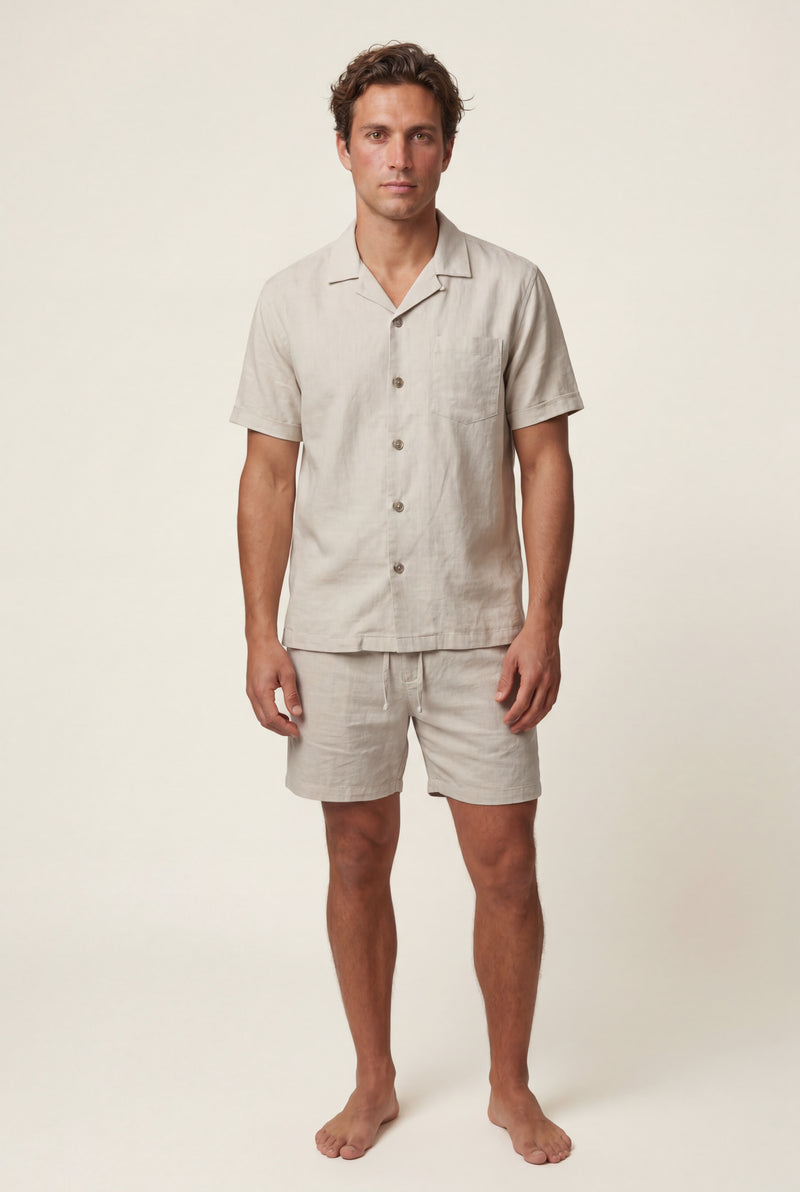 Beige Relaxed Short Sleeve Shirt and Drawstring Shorts Set - Summer set - Photo 2
