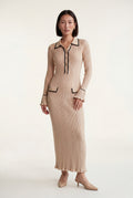 Beige Ribbed Collared Maxi Dress with Contrast Trim - Photo 1