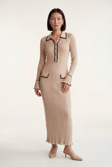 Beige Ribbed Collared Maxi Dress with Contrast Trim - Photo 1
