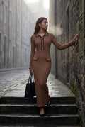 Brown Ribbed Collared Maxi Dress with Contrast Trim - Photo 11