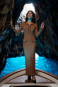 Brown Ribbed Collared Maxi Dress with Contrast Trim - Photo 12