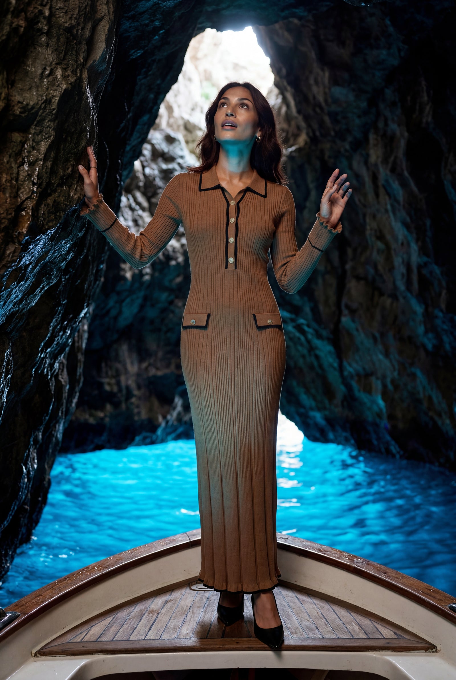 Brown Ribbed Collared Maxi Dress with Contrast Trim - Photo 12