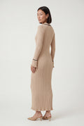 Beige Ribbed Collared Maxi Dress with Contrast Trim - Photo 2