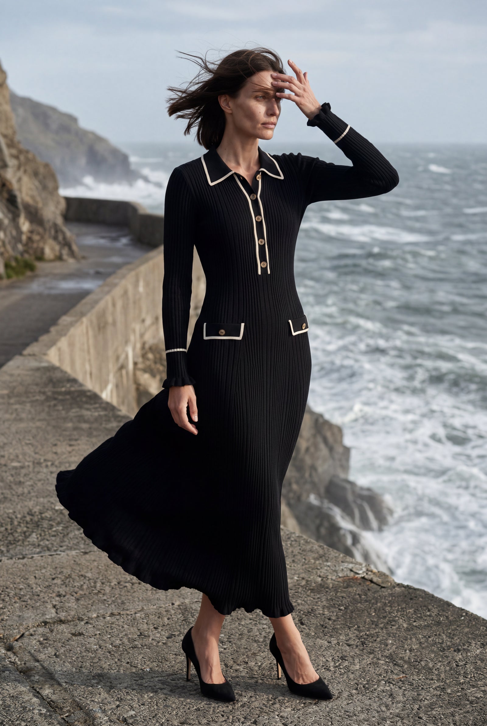 Black Ribbed Collared Maxi Dress with Contrast Trim - Photo 7