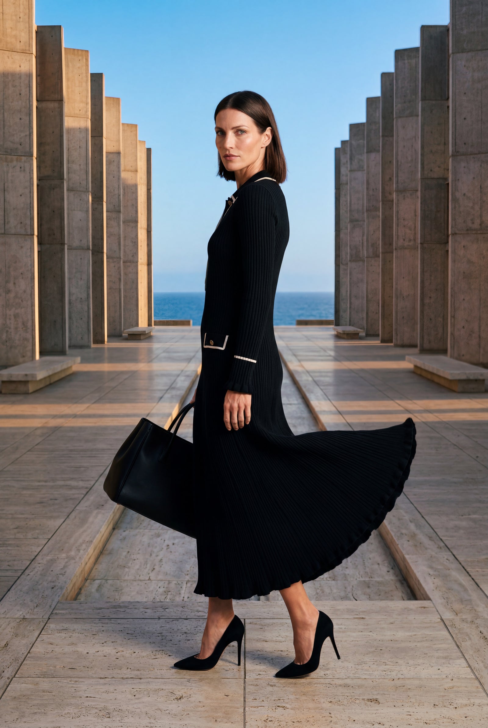 Black Ribbed Collared Maxi Dress with Contrast Trim - Photo 9