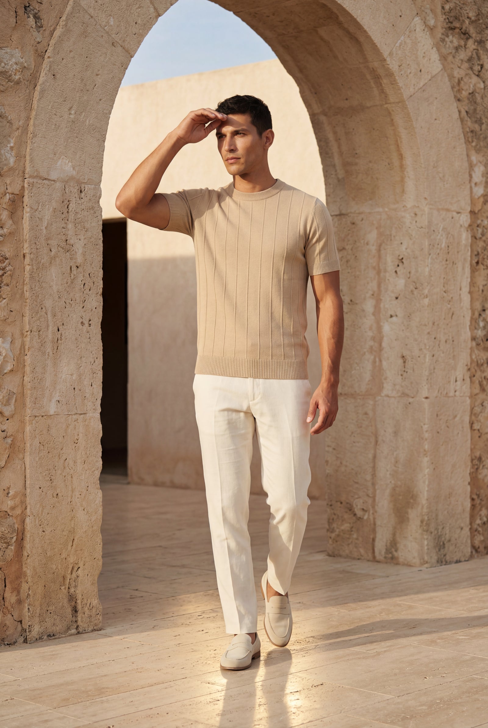 Beige Ribbed Crew Neck Short Sleeve Sweater T-shirt - Short sleeve t-shirt - Photo 11