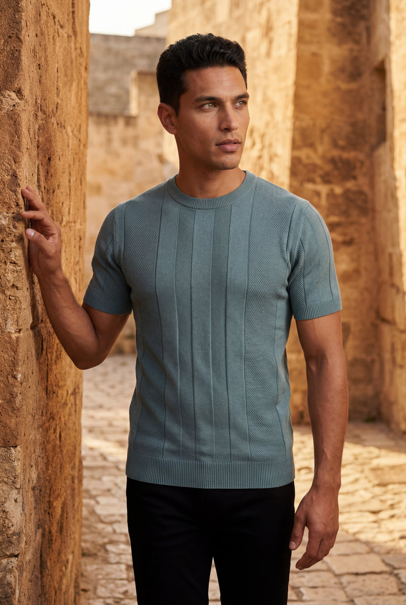 Blue Ribbed Crew Neck Short Sleeve Sweater T-shirt - Short sleeve t-shirt - Photo 3