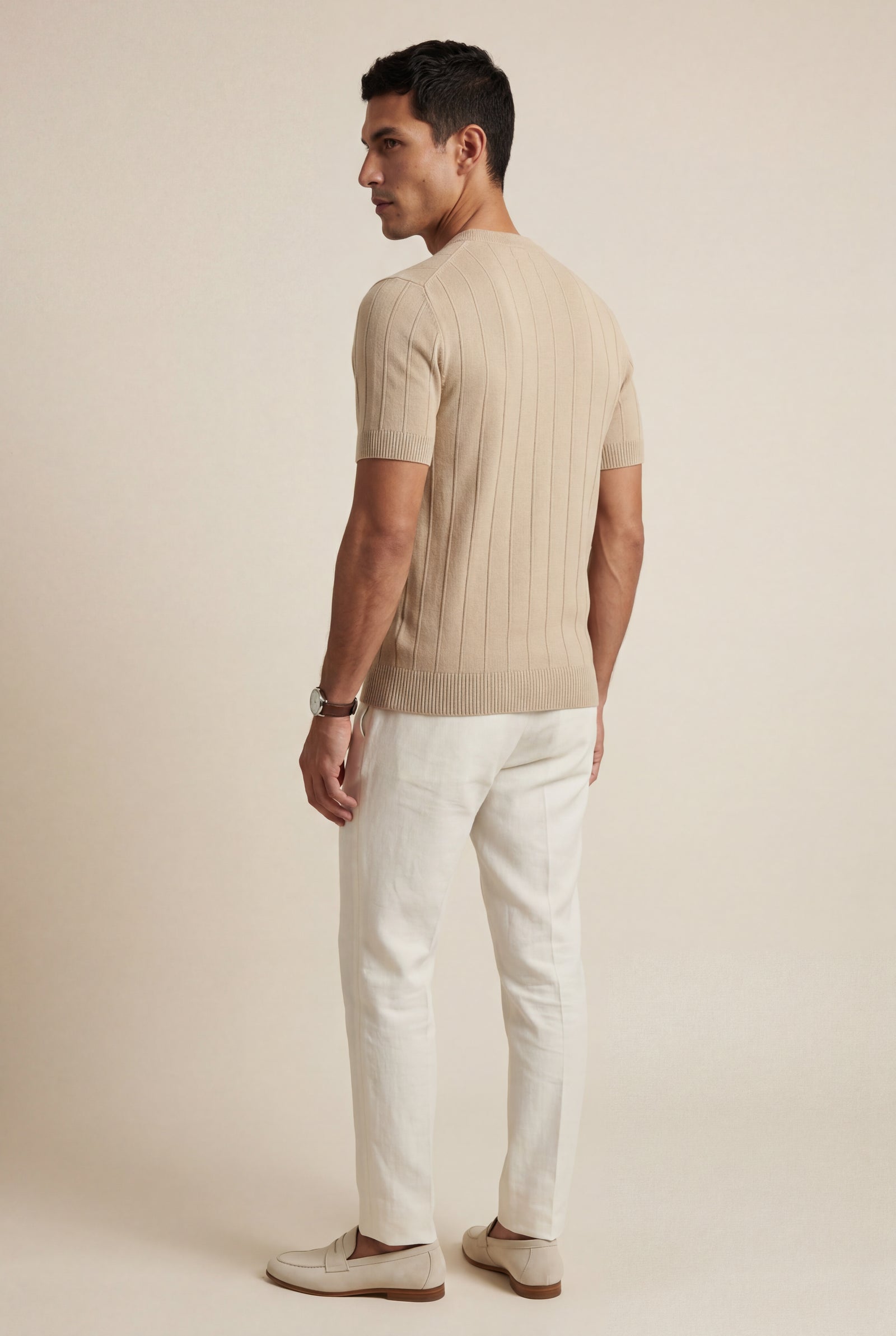 Beige Ribbed Crew Neck Short Sleeve Sweater T-shirt - Short sleeve t-shirt - Photo 4