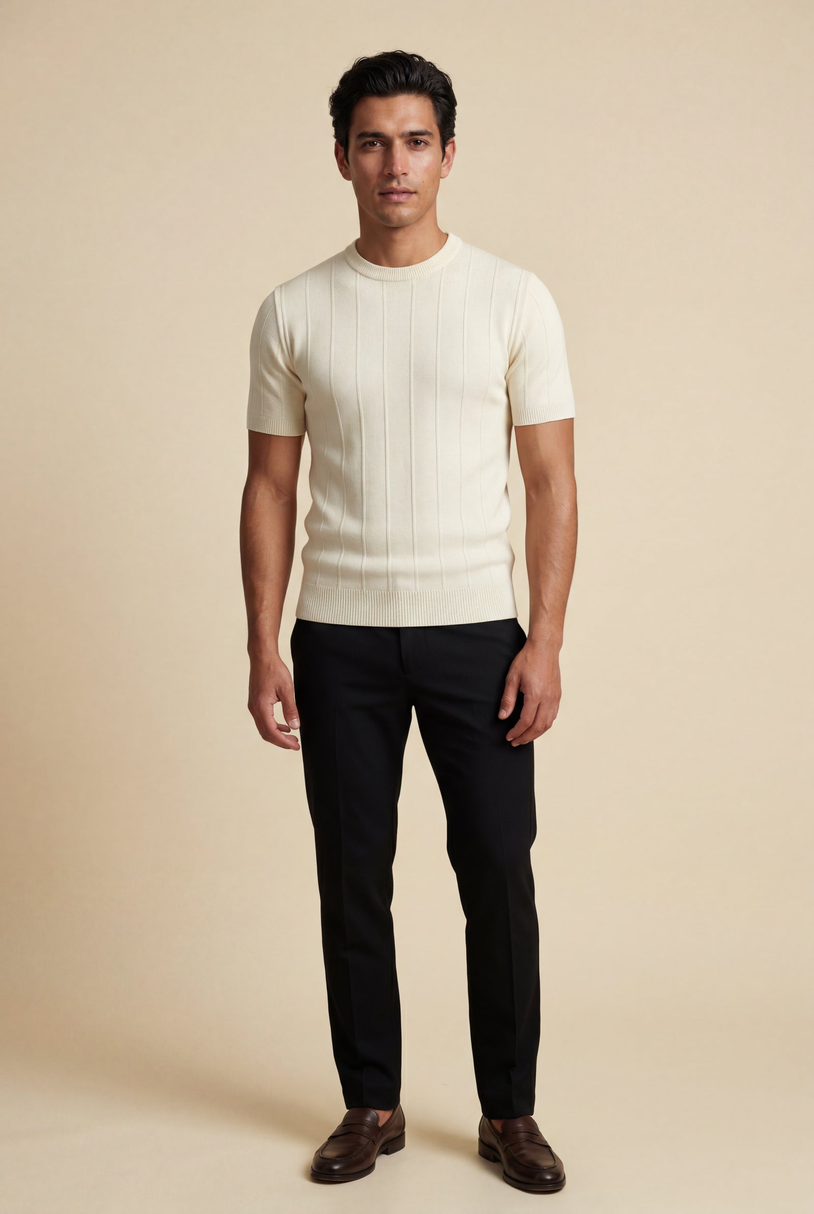 Cream Ribbed Crew Neck Short Sleeve Sweater T-shirt - Short sleeve t-shirt - Photo 5