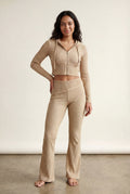 Beige Ribbed Cropped Hoodie and Flared Pants Set - Cropped set - Photo 2