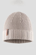 Ribbed Knit Beanie in Beige — studio front