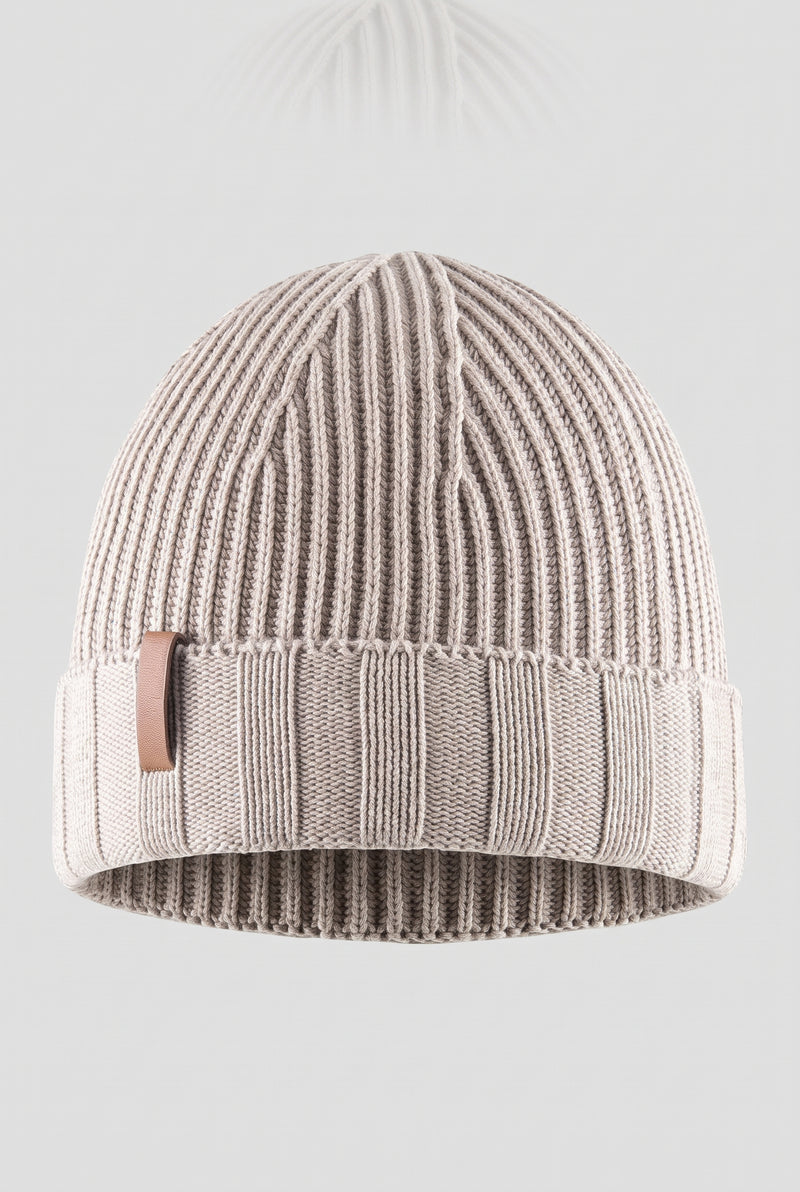 Ribbed Knit Beanie in Beige — studio front