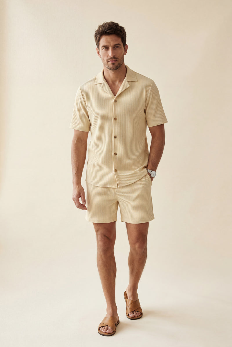 Beige Ribbed Short Sleeve Shirt and Shorts Set - Two-piece outfit - Photo 1