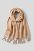 Scarf Tassel Wrap in Beige — studio front