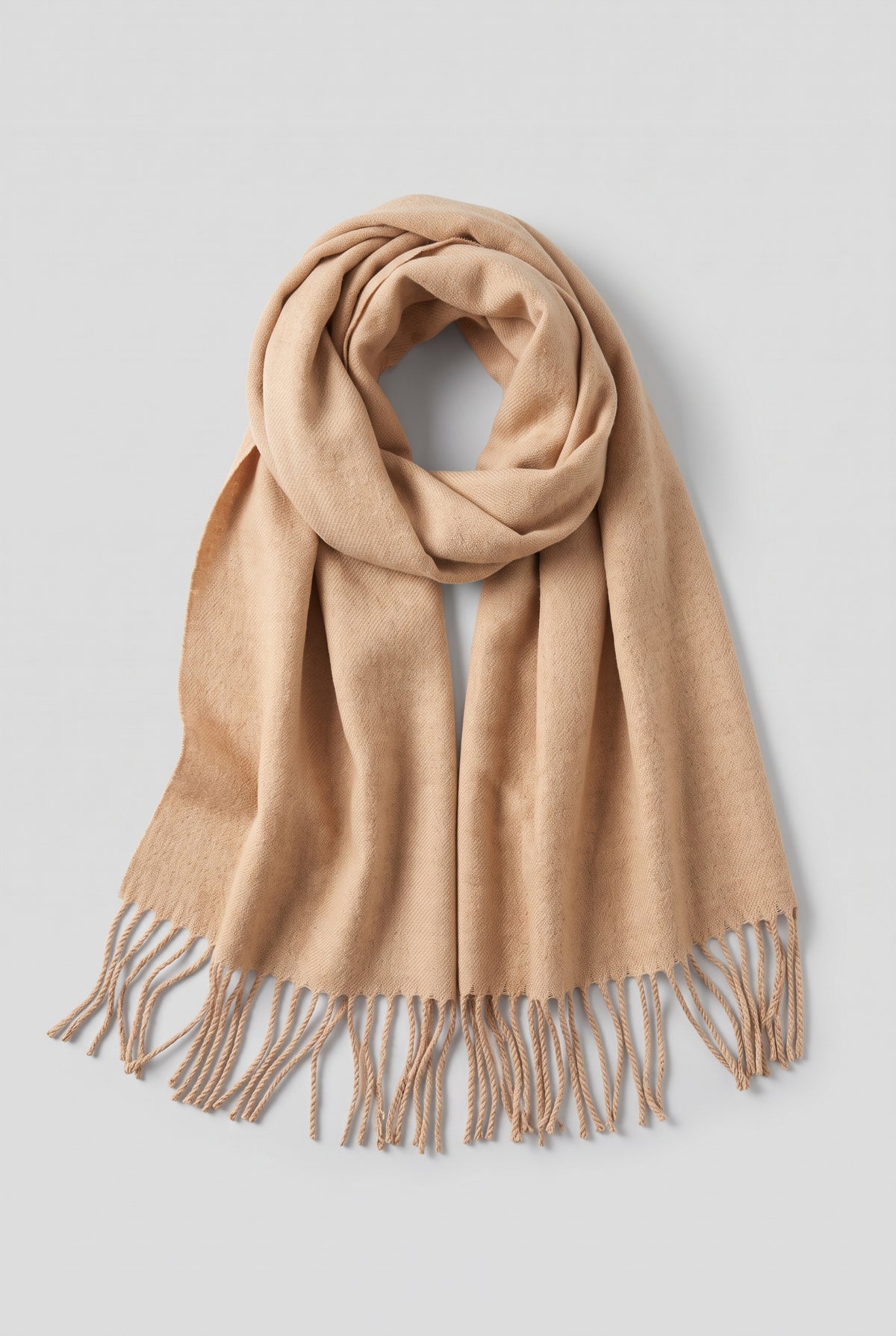 Scarf Tassel Wrap in Beige — studio front