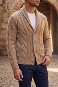 Shawl Collar Cable Knit Cardigan in Beige — studio front
