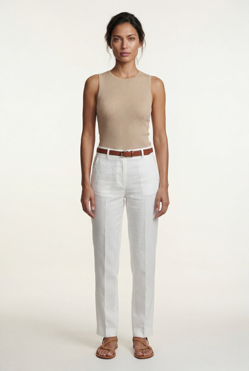 Beige Slim Fit Ribbed Crew Neck Tank Top - Tank tops - Photo 1