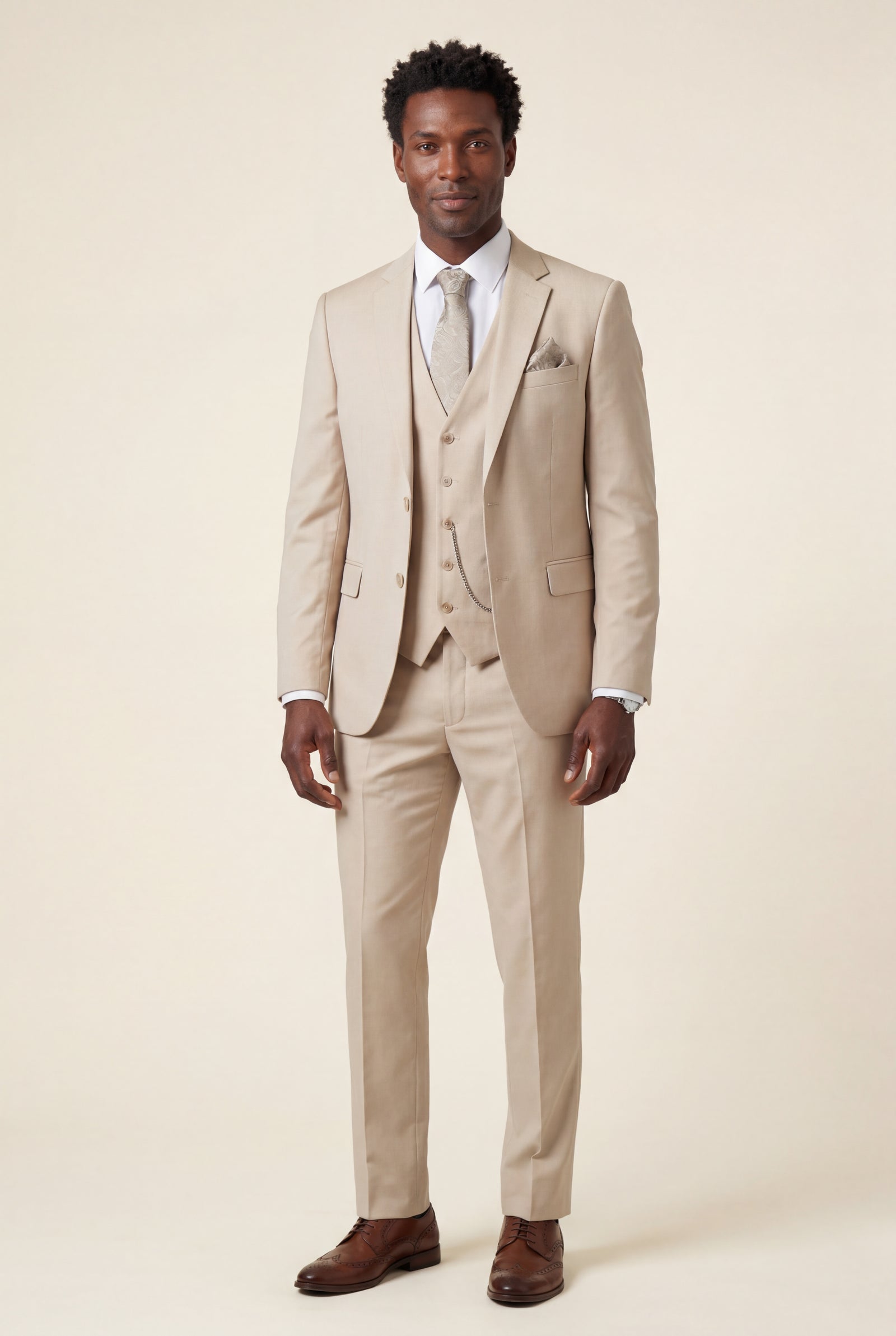 Beige Slim Fit Three-piece Tailored Formal Suit Set - Formal suits - Photo 7