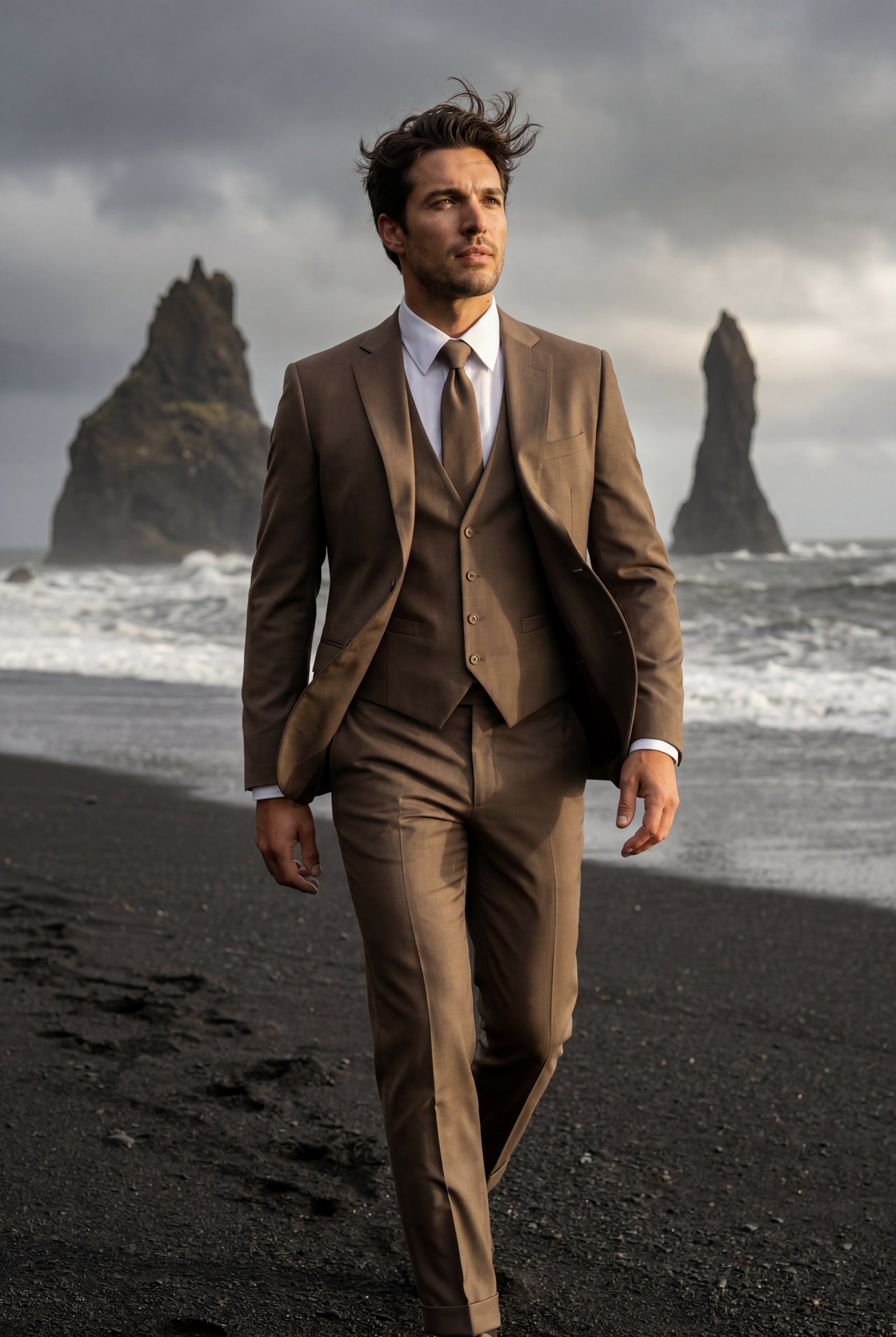 Brown Slim-fit Three-piece Wedding Suit with Notch Lapel Blazer - Photo 11