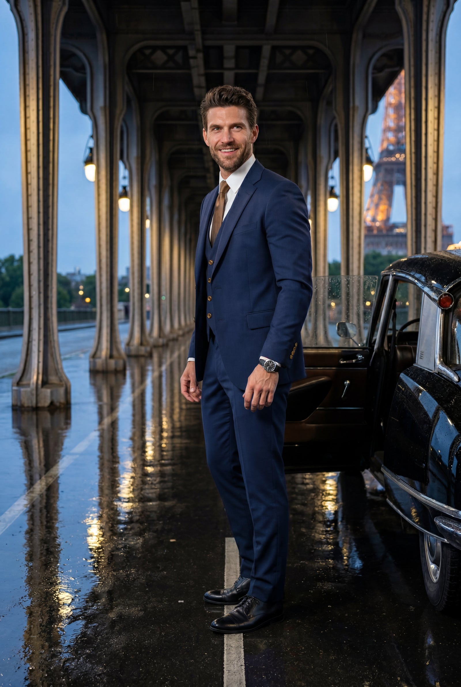 Navy Blue Slim-fit Three-piece Wedding Suit with Notch Lapel Blazer - Photo 14