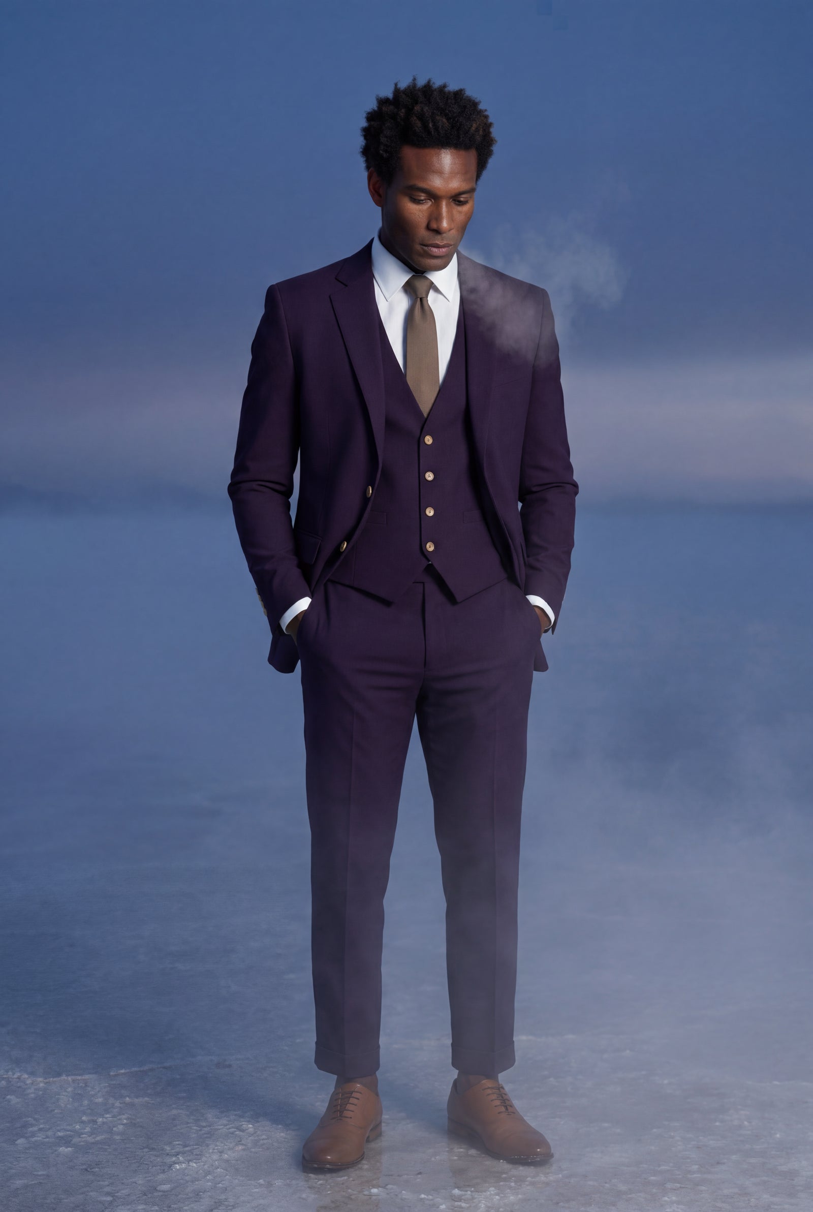 Purple Slim-fit Three-piece Wedding Suit with Notch Lapel Blazer - Photo 15