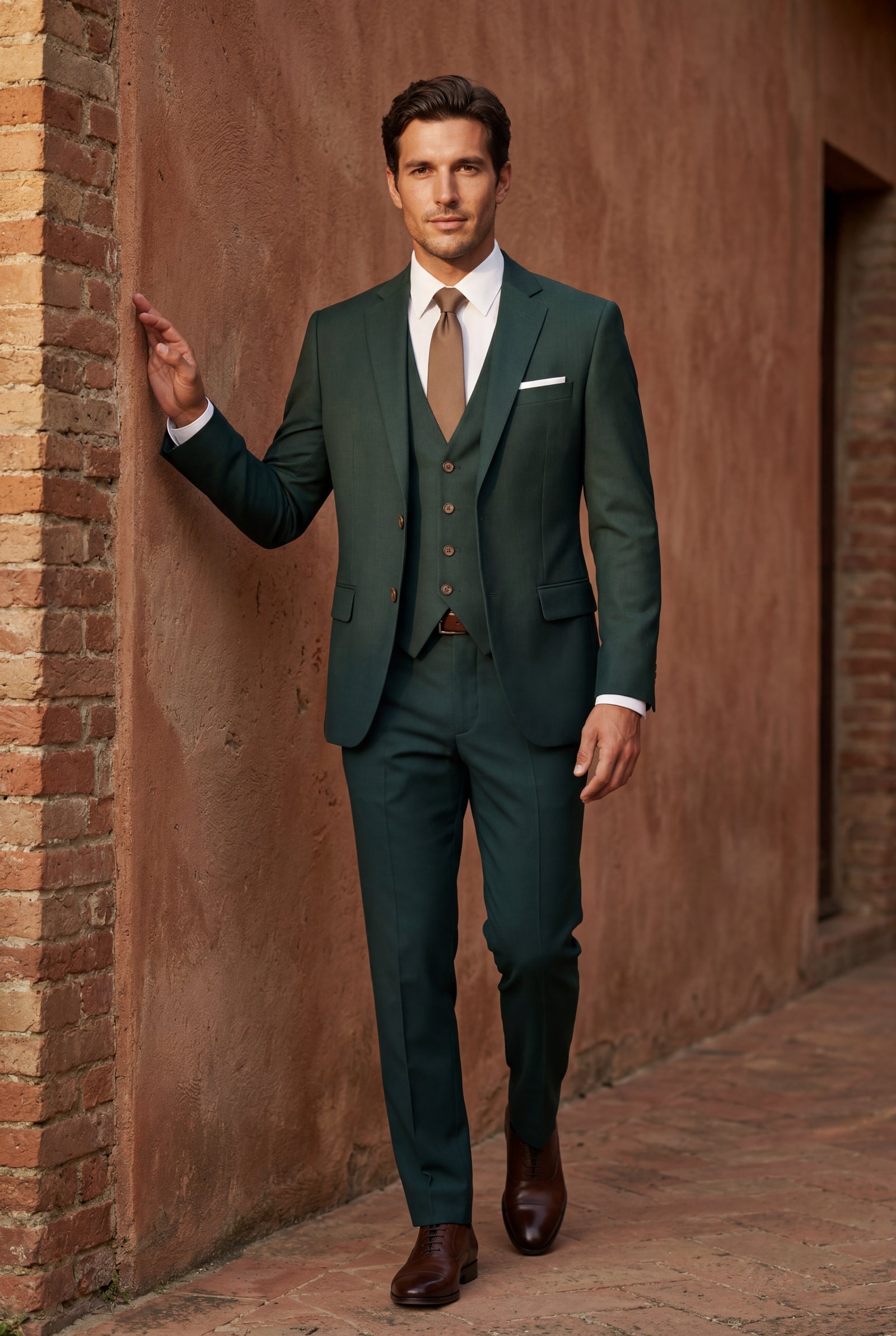 Dark Green Slim-fit Three-piece Wedding Suit with Notch Lapel Blazer - Photo 18