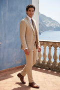 Beige Slim-fit Three-piece Wedding Suit with Notch Lapel Blazer - Photo 4