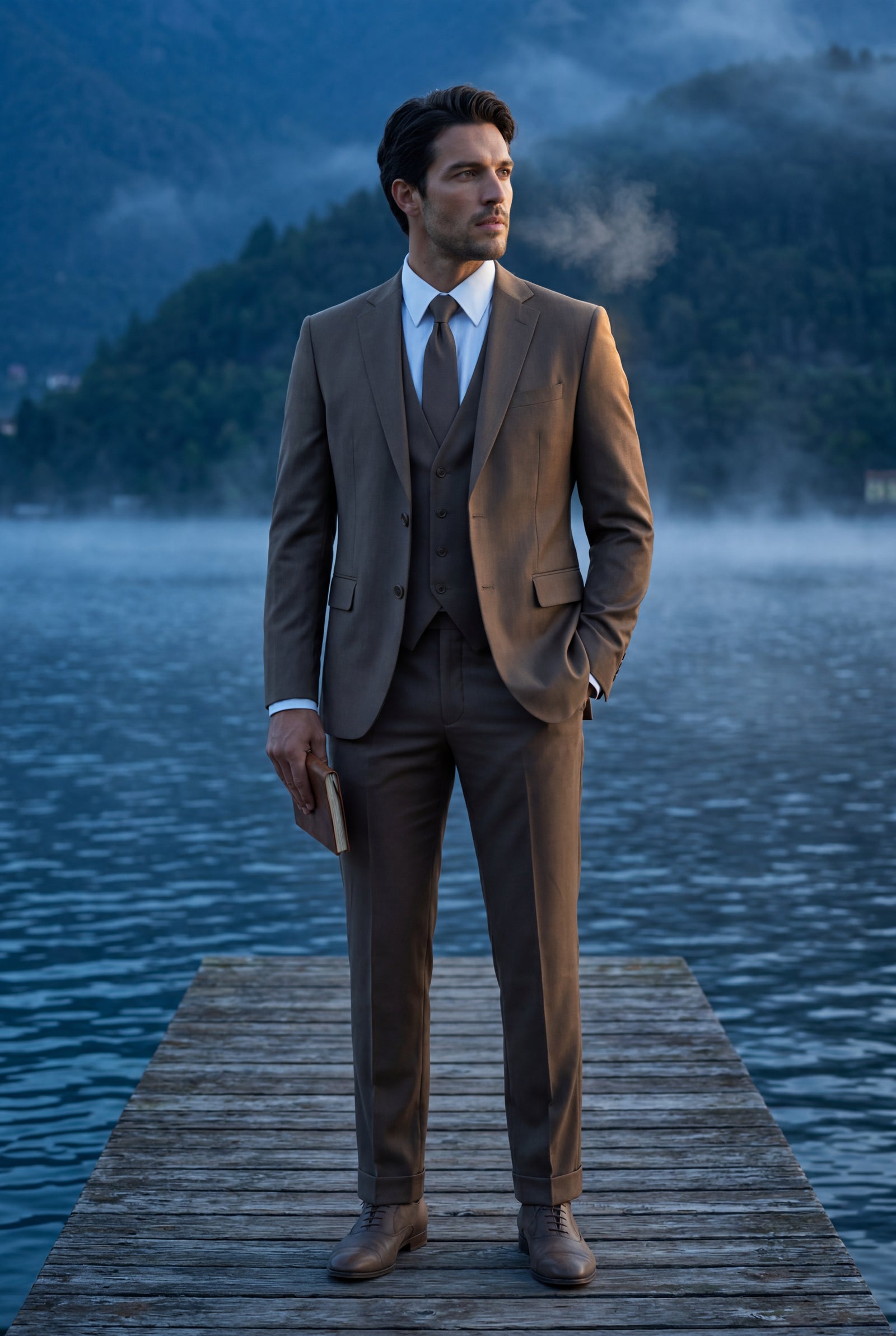 Brown Slim-fit Three-piece Wedding Suit with Notch Lapel Blazer - Photo 6