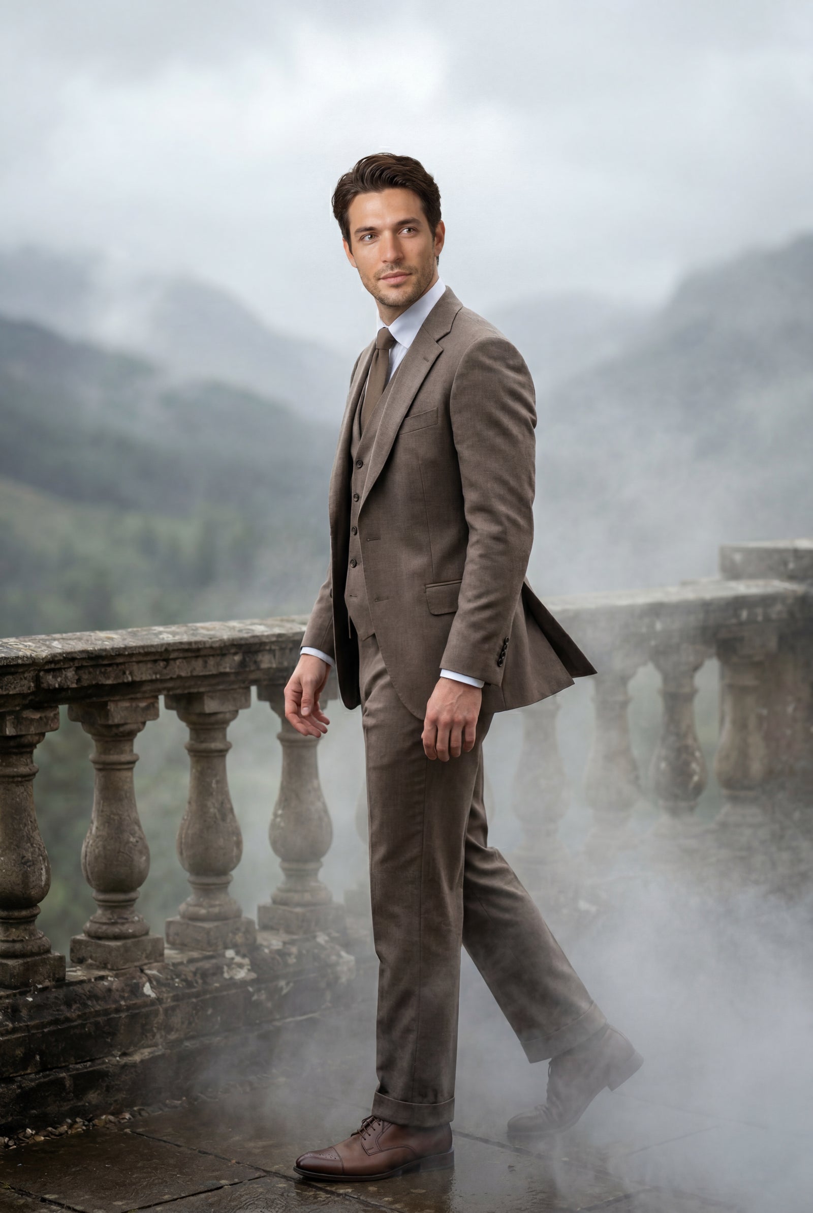 Brown Slim-fit Three-piece Wedding Suit with Notch Lapel Blazer - Photo 8