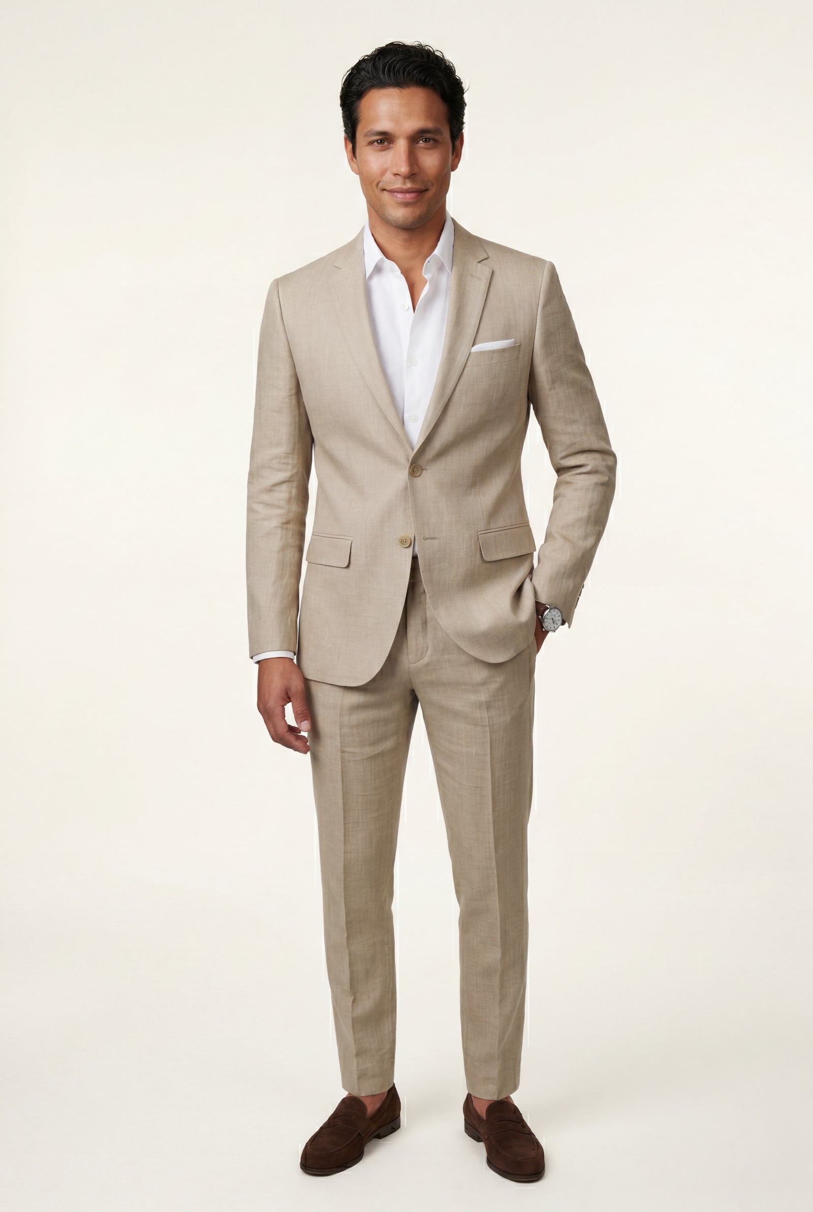 Beige Slim Tailored Suit with Notch Lapel and Tapered Trousers - Linen suit - Photo 6