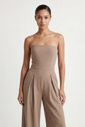 Beige Strapless Wide-leg Tailored Jumpsuit with Pleated Waist - Wide leg jumpsuit - Photo 3