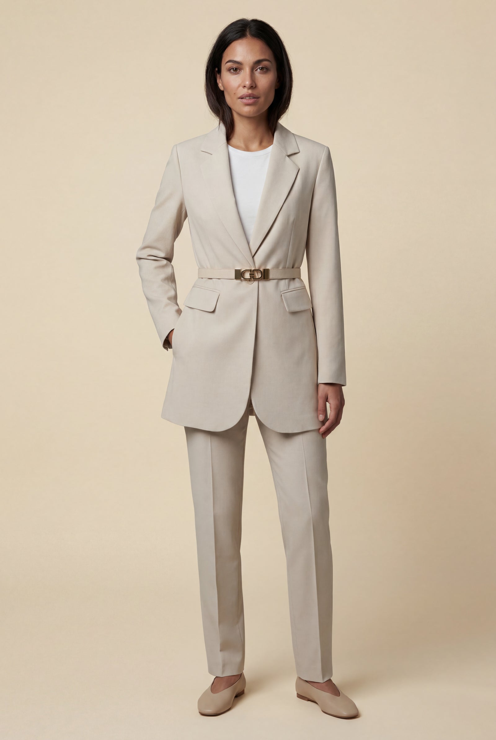 Beige Tailored Belted Blazer with Notched Lapels and Flap Pockets - Belted blazers - Photo 5