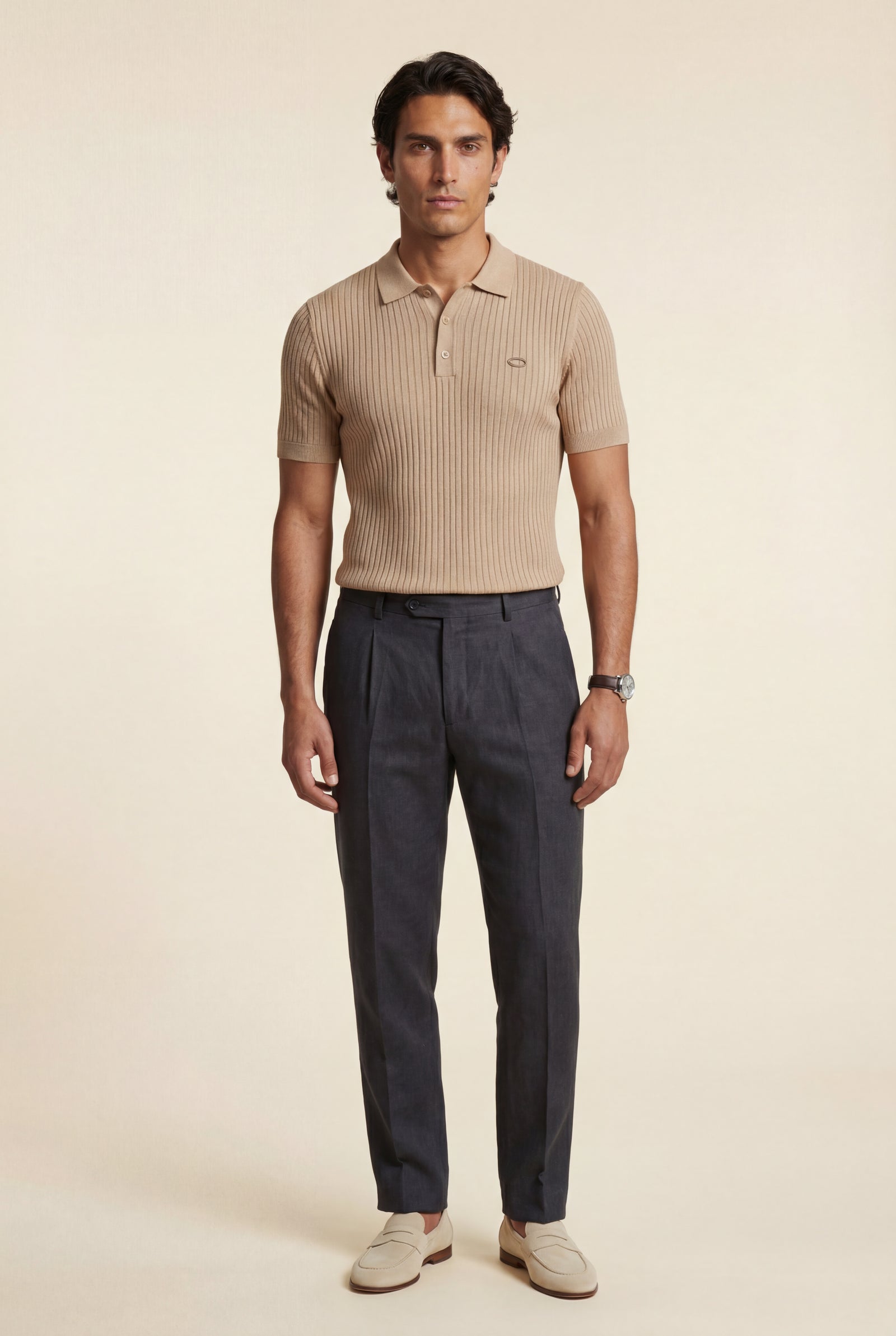 Beige Tailored Ribbed Short Sleeve Polo Shirt - Polo shirts - Photo 1