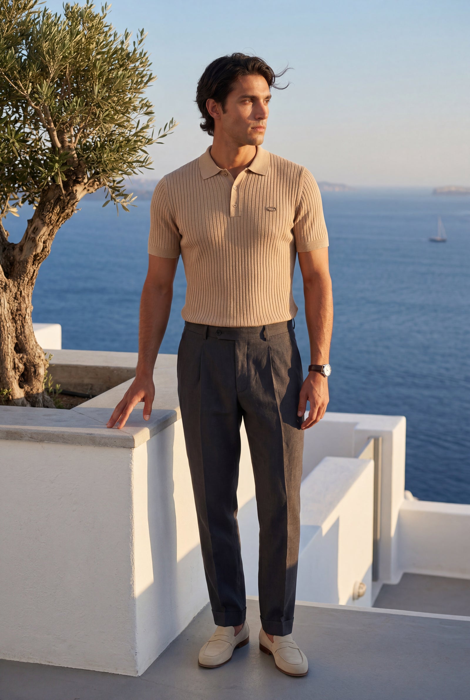 Beige Tailored Ribbed Short Sleeve Polo Shirt - Polo shirts - Photo 10