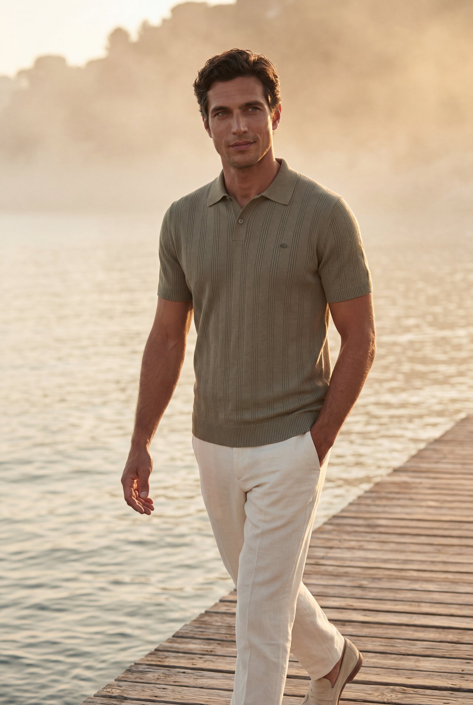 Taupe Tailored Ribbed Short Sleeve Polo Shirt - Polo shirts - Photo 15