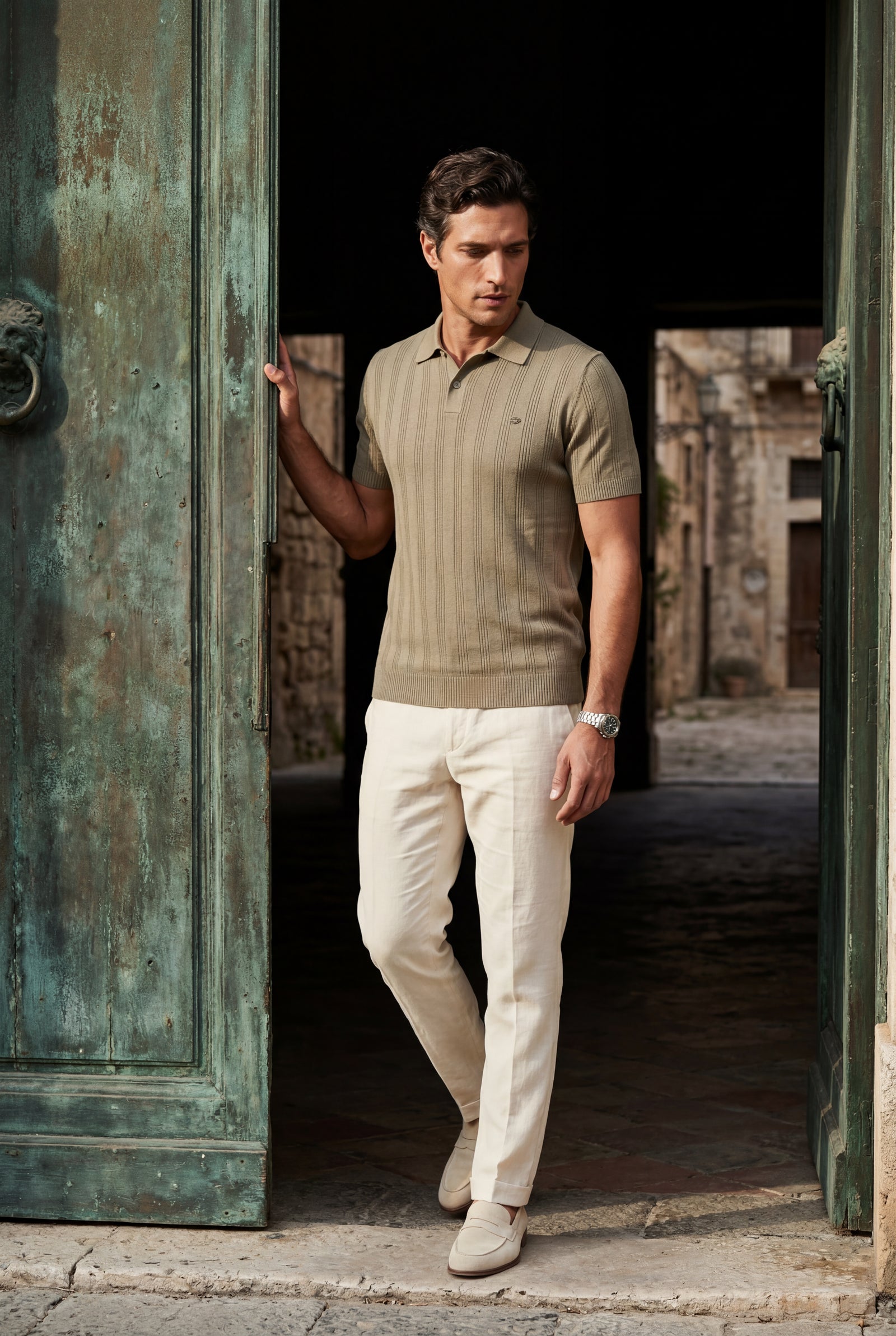 Taupe Tailored Ribbed Short Sleeve Polo Shirt - Polo shirts - Photo 16