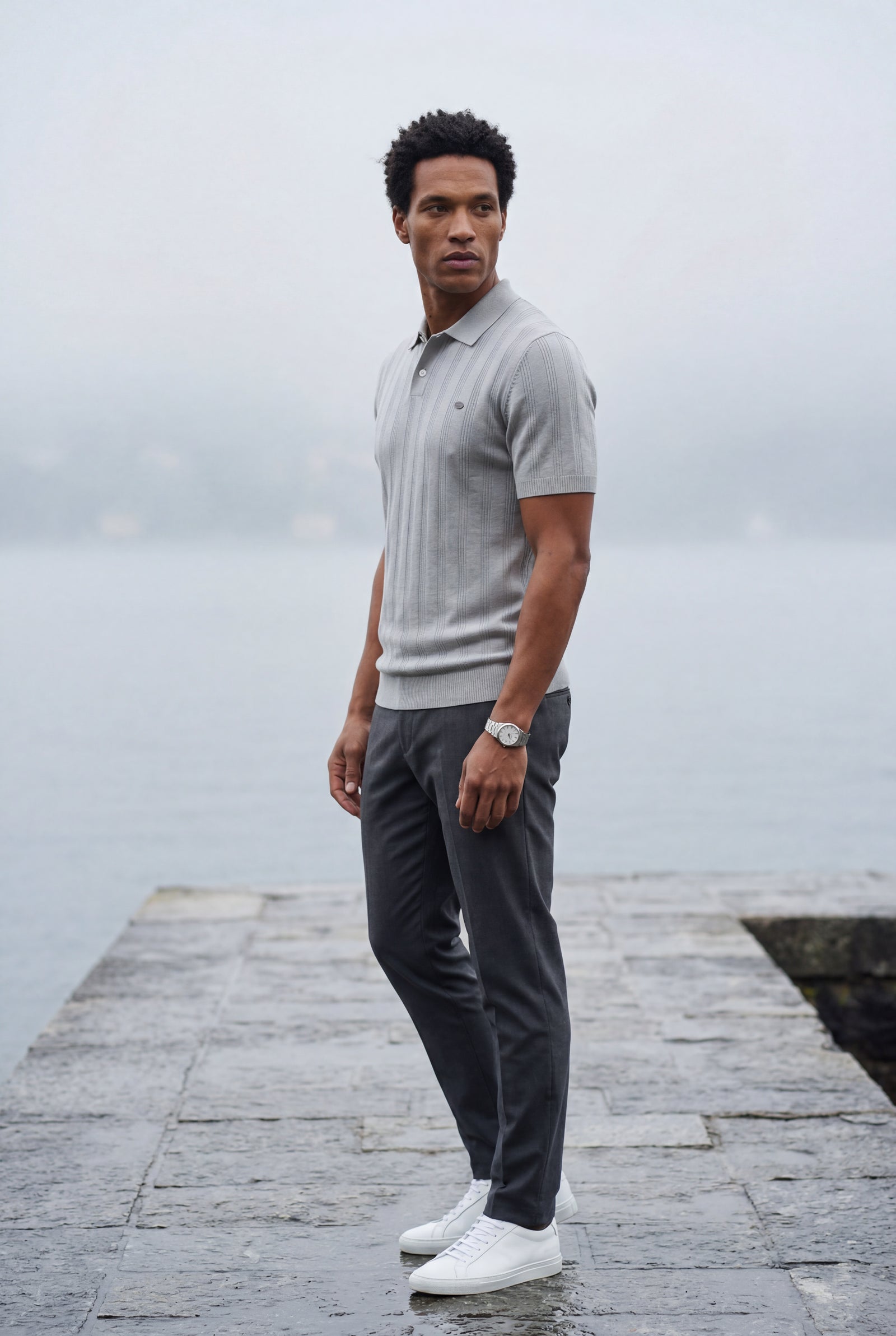 Gray Tailored Ribbed Short Sleeve Polo Shirt - Polo shirts - Photo 6
