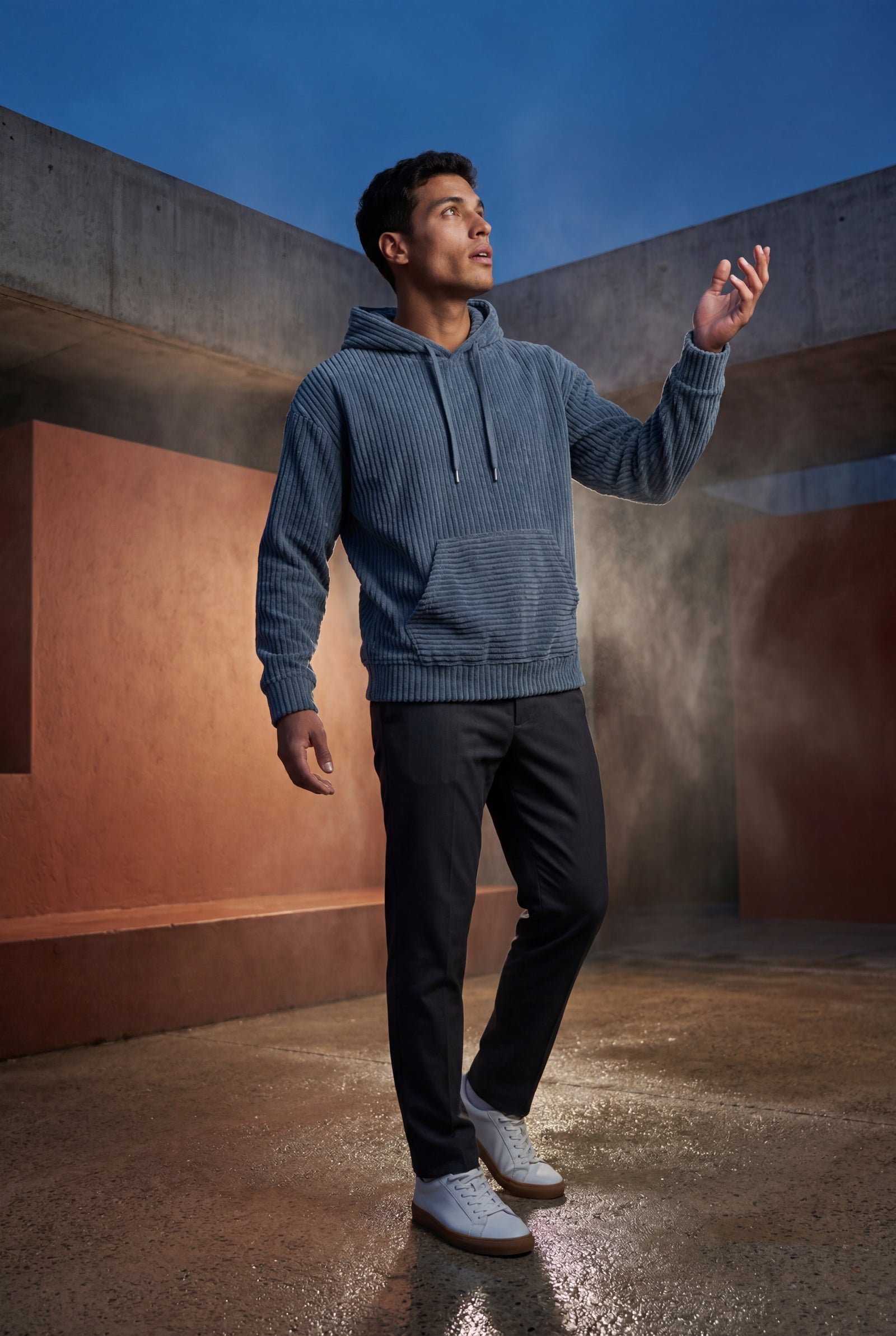 Blue Texture Hooded Pullover Jacket with Kangaroo Pocket - Hooded jackets - Photo 14